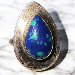 Vintage Signed Azurite And Sterling Silver Southwest Teardrop Ring